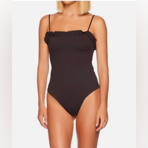 NWT Susana Monaco Ruffle Trim Thong Bodysuit Cami Top in Charcoal Size S - Picture 2 of 4